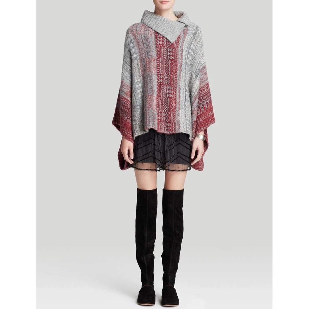 Free People Willow Poncho Sweater Pullover Cowl Neck Red Combo Sz S‎ - Picture 3 of 8